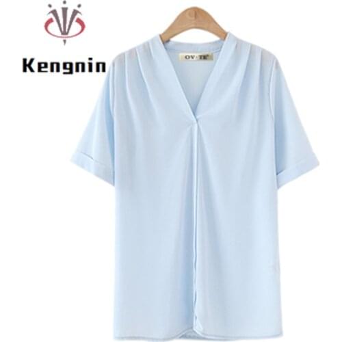 Chiffon Blouse and Shirts Woman Summer European Chic Female Tops Loose Simple Oversized V-Neck Short Sleeve Lady Blause KE1727
