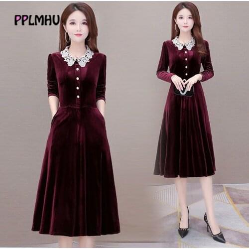 Ladies Lace Lapel Velvet A-Line Dress 5XL Plus Size Elegant Party Dresses Women Vintage Long Sleeve Large Hemline Dress Vestidos