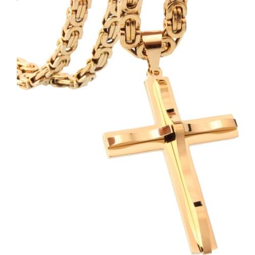 Granny Chic 6mm Link Byzantine Chain Choker Necklace for Father Gold Color Heavy Men Necklaces Christian Cross Collar Jewelry