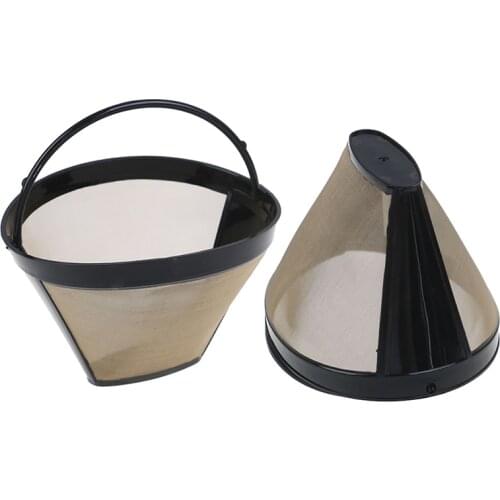 1pc Washable Handle Coffee Filter Stainless Steel Reusable Coffee Filter Cone-Style Refillable Gold Mesh Cafe Maker Machine Tool