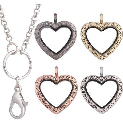 1pcs Vintage Heart Pattern Alloy Magnetic Glass Rhinestone Lockets Living Memory Floating Charms necklace Women with 60cm chain