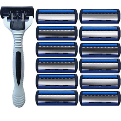 1pcs Beard Shaver Rack +12 pcs 6-Layer Blades Manual Beard Shaver Manual Hand Safety Razor 6PCS 6-Layer Blade Grip Anti-slip