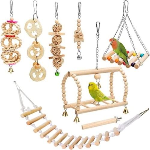 8 Pcs/Set Birds Parrot Natural Wooden Chewing Toys Climbing Hanging Swing Cage