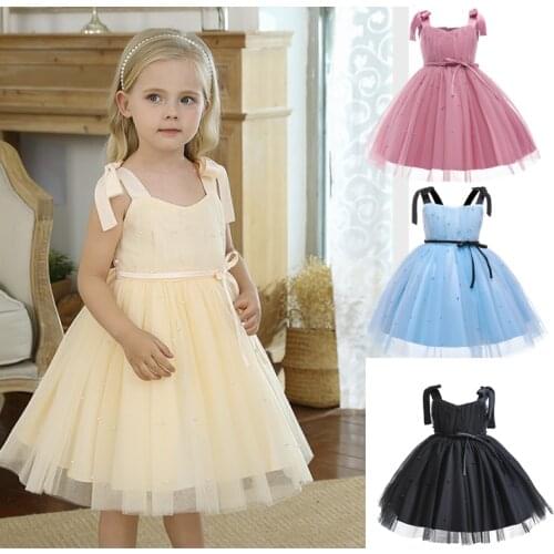 1-5 Years Bowknot Suspender Princess Ball Gown For Girls Pearl Knee-Length Sleeve Birthday Wedding Mesh Clothes For Children