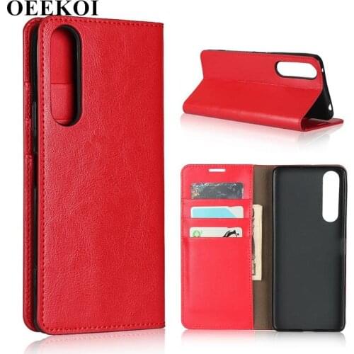 OEEKOI Crazy Horse Genuine Leather Wallet Flip Case for Sony Xperia 1 II