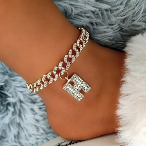 Flatfoosie Initial Cuban Link Chain Iced Out Letter Anklets for Women Hip Hop Rhinestone Ankle Bracelets Foot Jewelry on the leg