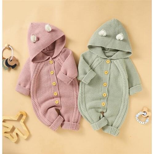 Cute Baby Girls Boys Hooded Jumpsuit, Spring Autumn Warm Solid Color Long Sleeve Single Breasted Romper, 0-18Months