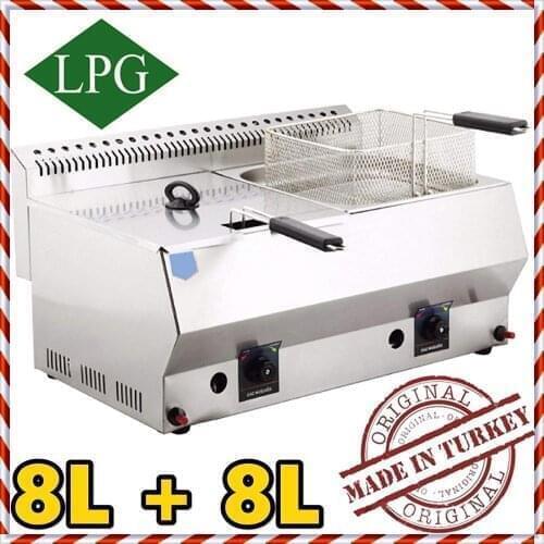 Commercial Dual Tank 8+8 lt. Total:16 LT. Capacity, Stainless Steel Countertop Tabletop Propan PROPANE (LPG) GAS Deep Fryer