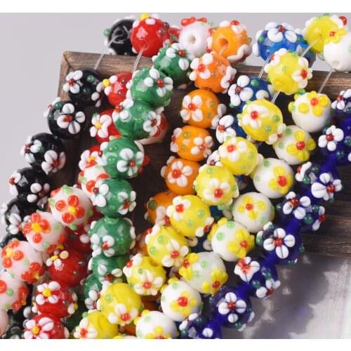 10pcs 10mm Round Flowers Handmade Lampwork Glass Loose Crafts Beads for Jewelry Making DIY