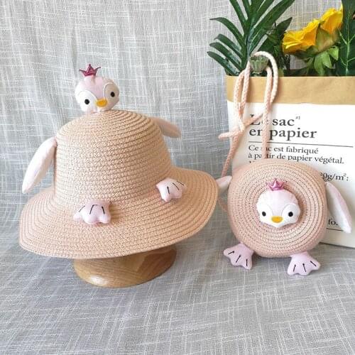 Summer Childrens Straw Woven Crossbody Bags Cartoon Penguin Coin Purse for Kids Lovely Baby Girl Beach Shoulder Bag Mini Wallet