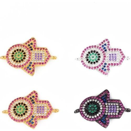 Top Sale Jewelry Accessory Pave Setting Mix Color Cubic Zirconia Crystal Hamsa Shape Charms Connectors Findings