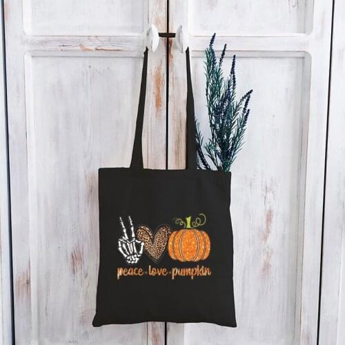 Peace Love Pumpkin Canvas Tote Bag Horrible Bags Reusable Halloween Pumpkin Woman Canvas Tote Funny Skeleton Totes Print