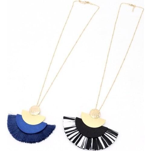 Fashio Half-round Alloy Wood Raffia Pendant Tassels Long Chain Sweater Necklace Geometric Body Jewelry