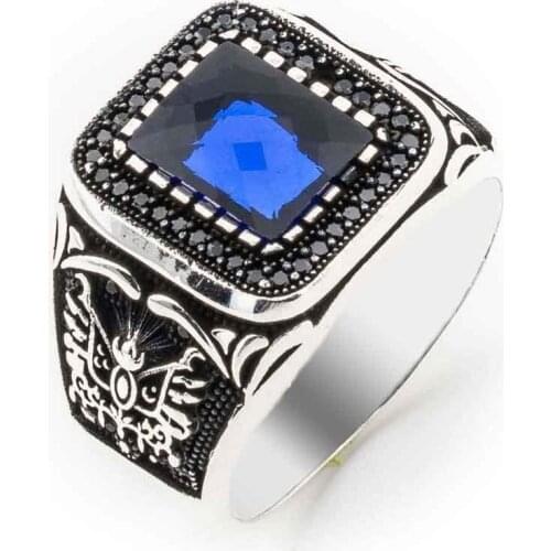 Blue Zircon Stone Ottoman Crested Mens Silver Ring
