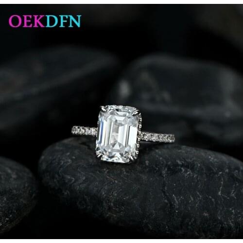 OEKDFN Real 925 Sterling Silver Rings Emerald Cut Created Moissanite Gemstone Wedding Engagement Classic Bands Fine Jewelry
