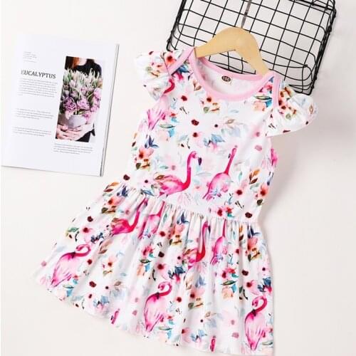 Summer Dress for Girls Animal Flamingo Print Flying Sleeve Girls Dresses Cotton Breathable Soft Kids Dresses Baby Clothes 0-6Y
