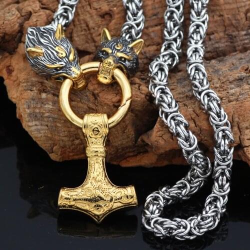 Nordic viking Geri and Freki with thor hammer Mjolnir necklace Stainless steel With valknut gift bag
