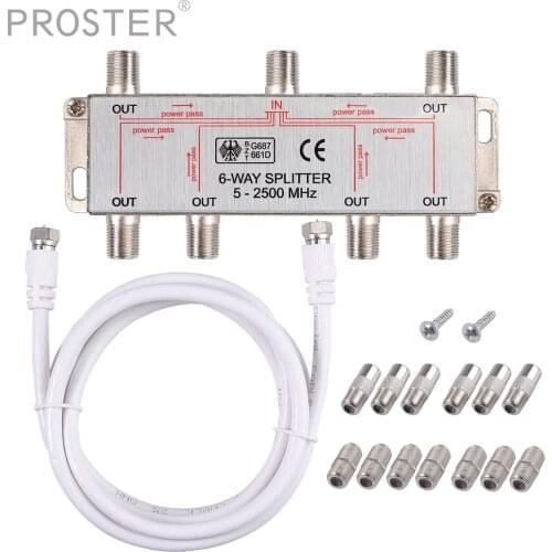 Proster 6-Way Coax Cable Splitter MoCA 5-2500MHz 1 In 3 Out Aerial TV Broadband MoCA 5-2500MHz Connector Satellite Receiver