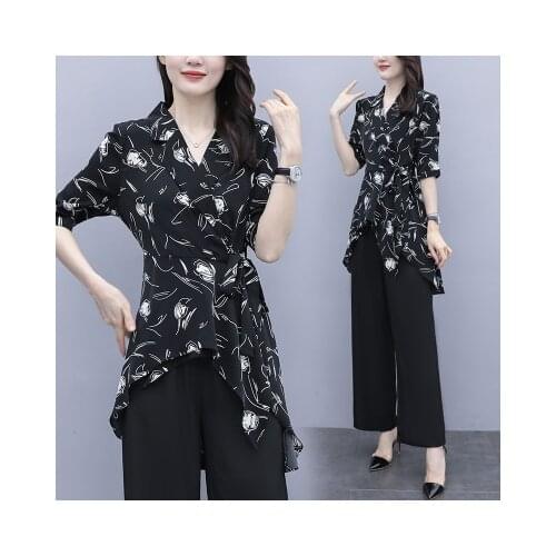 Plus size womens chiffon top&pants set shirt loose wide leg pants two-piece suit fashion ensemble femme survetement