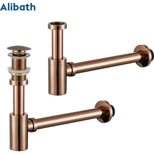 Rose Gold Bottle Trap Round Siphon Solid Brass P-TRAP Bathroom Vanity Basin Pipe Waste Brass Pop Up Drain with Over Flow