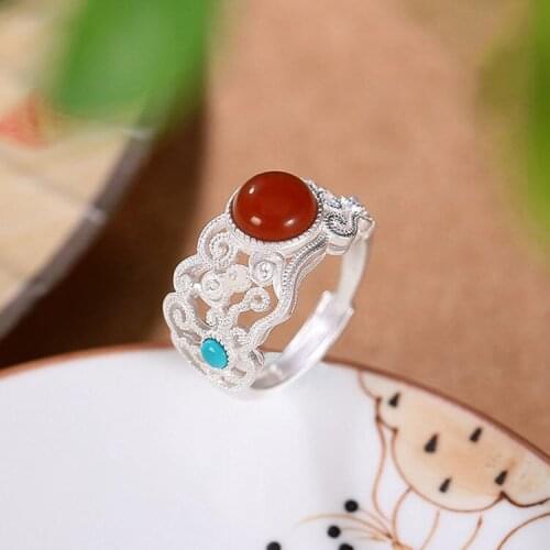 S925 Sterling Silver Southern Red Agate Turquoise Ring High-Grade Classical Court Hollow Opening Ring Ring Ornament Women