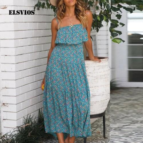 ELSVIOS 2XL Women Sundress 2019 Boho Off Shoulder Floral Print Beach Long Dress Female Straps Backless Ruffles Sexy Summer Dress