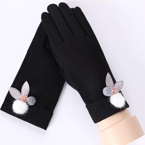 Cute Wink Fur Ball Gloves For Women Sweet Winter Thick Plush Mittens Touch Screen Driving Gloves With Knitted Flower Luvas Gifts