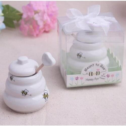 Event Wedding Favors And Gifts Party Supplies Meant to Bee Ceramic Honey Pot with Wooden Dipper LX1651