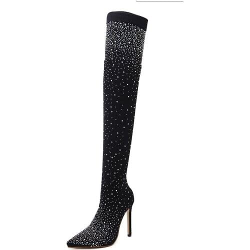 Womens Boots Sexy Nightclub High heels pointed rhinestone high heel boots Shiny womens shoes large size 42 black