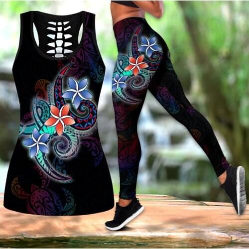 Polynesian Tattoo And Color 3D Printed Hollow Tank Top & Leggings Set Fitness Female Full Length Leggings Running Pants DDK84