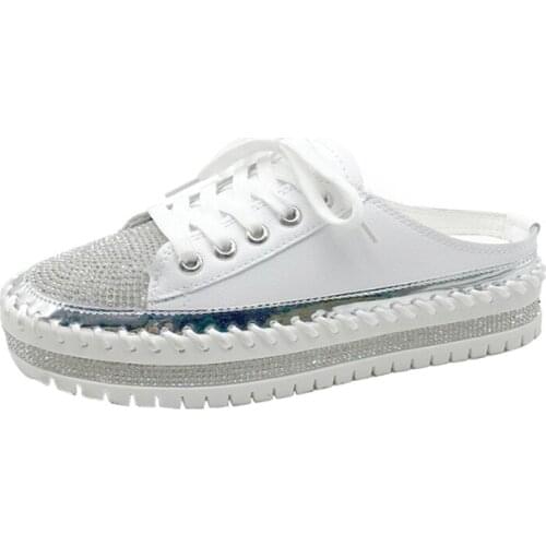 Womens Close Round Toe Slippers Crystal Decor Leisure Comfy Thick Sole All Match Lacing Casual Slippers