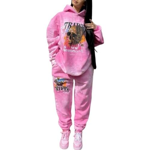 Ladies Breathable Thickened Leisure Suit Women Autumn Winter Tie-dye Skull Tree Printing Long Sleeve Hooded Tops + Trousers