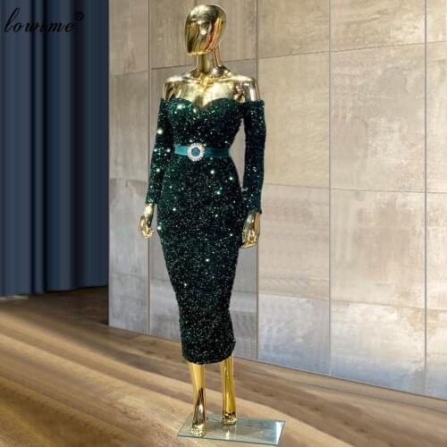 Plus Size Dark Green Cocktail Dresses Mermaid Long Sleeves Prom Party Dresses For Women Tea-Length Birthday Gowns Abendkleider