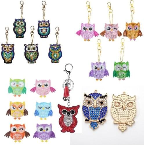 1/5/6pcs DIY Full Drill Special Diamond Painting Keychain Cartoon Owl Sticker Women Bag Pendant Keychains Jewelry Key Ring Gifts