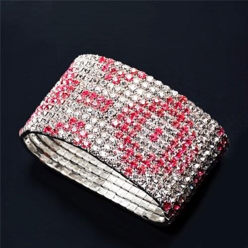 New Fashion Luxury Multilayer Wide Rhinestone Elastic Bracelet Alloy Red Blue Pink Color Bracelets For Women Birthday Gift
