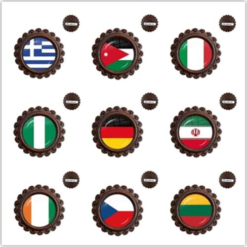 National Flag Glass Cabochon Wood Collar Pins Greece,Jordan,Italy,Nigeria,Germany,Iran,Czech Republic,Lithuania Brooch For Gift