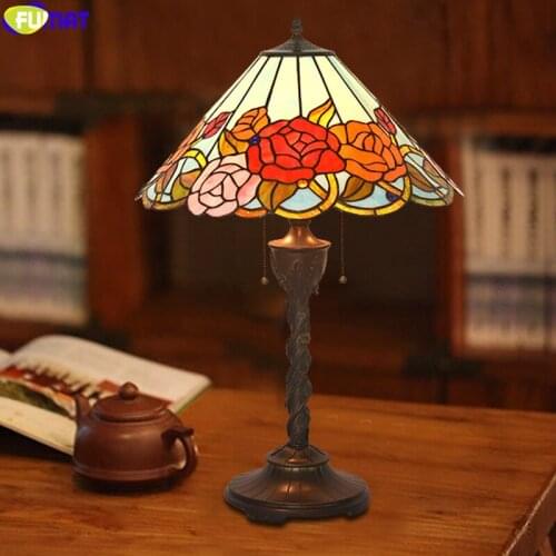 FUMAT Tiffany Style Table Lamps Home Decortion Stained Glass Art Desk Lights Red Rose Lampshade Timbo Frame 18 Inch Jade Stone