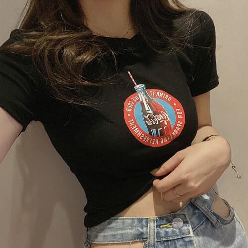 Sexy Crop Tops Women Summer Slim New Cola Print Short Sleeve T-Shirt Girl T-Shirt Casual Fashion Female Tees