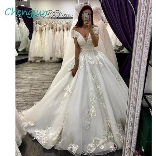 Chengjun 2019 New Design V Neck Short Sleeve Lace Appliques Ball Gown Bridal Dress