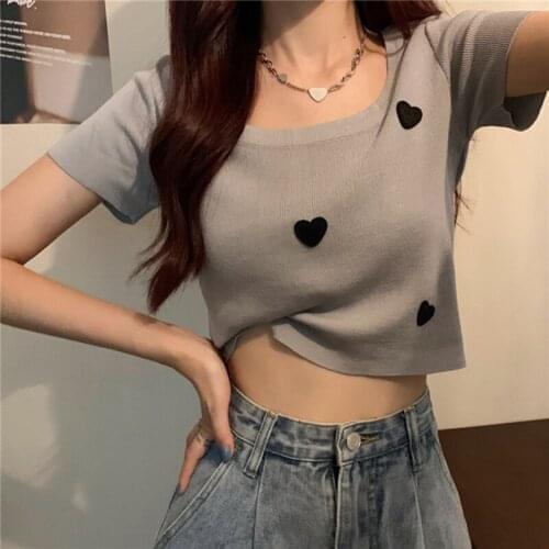 Love Cartoon Summer Fashion Casual T-Shirt Womens Clothing Slim Short Sleeve Knit Top Square Collar Skinny Tee Shirt Femme