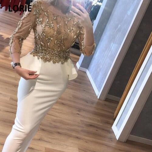 LORIE White Ivory Midi Evening Dress Long Gold Beads Three Quarter Illusion Saudi Arabic Formal Prom Party Gown Free Shipping