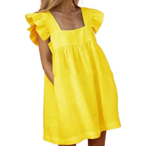 Mini Dress Women Fashion Square Neck Ruffle Sleeve Solid Color Large Hem Pockets Summer Casual Female Dresses Robe Femme
