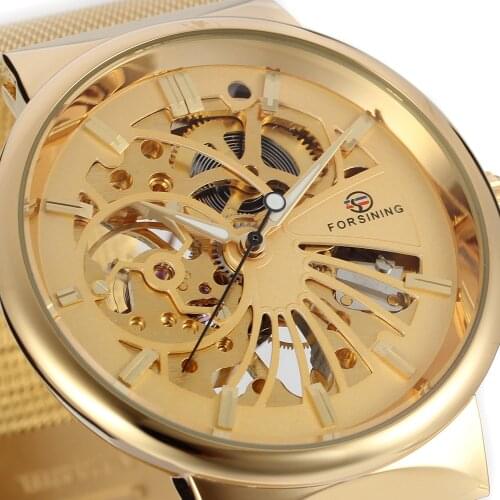 2019 Forsining Top Brand Luxury Golden Watches For Men Automatic Mechanical Movement Mesh Strap Ultra Thin Stainless Steel Band