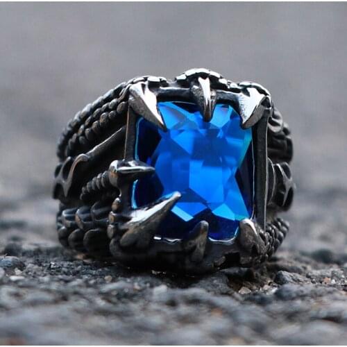 Cool Dragon Claw Blue Stone Ring Men 316L Stainless Steel Biker Dragon Claw Ring Men Women Fashion Jewelry Drop Shipping