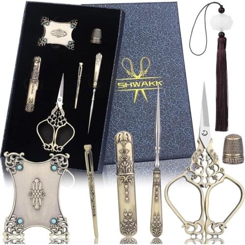 SHWAKK Embroidery Scissors Kit Vintage Scissors with European Style Vintage Sewing Kit for Sewing Needlework Handcraft DIY Tools
