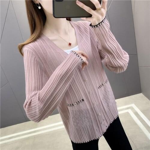 Room 195215, 4 rows, No.4 upper] real shot V-neck pocket thin sun proof knitted cardigan 34