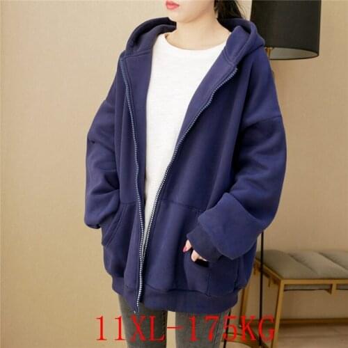 New plus size hoodie plus fleece 6XL-11XL bust 170CM plus size womens zipper pocket plus fleece loose hooded jacket
