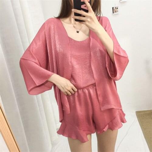 Autumn women Pajama Sets 3pcs set cami top +shorts + robe Sleepwear Women Pajama silk satin Suit Sleepwear Long Sleeve Female