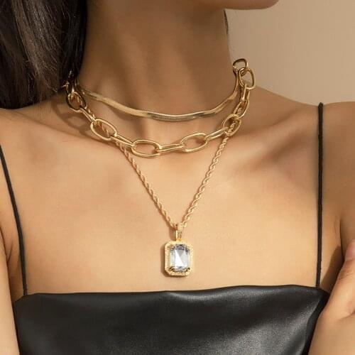 Retro Simple Diamond Pendant Necklace Set Womens Multilayer Flat Snake Chains Aluminum Chain Clavicle Necklaces Girl Jewelry