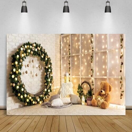 Laeacco Christmas Wreath Child Interior Photographic Scenic Toys Bear Light Decor Photocall Background Backdrop Photo Studio